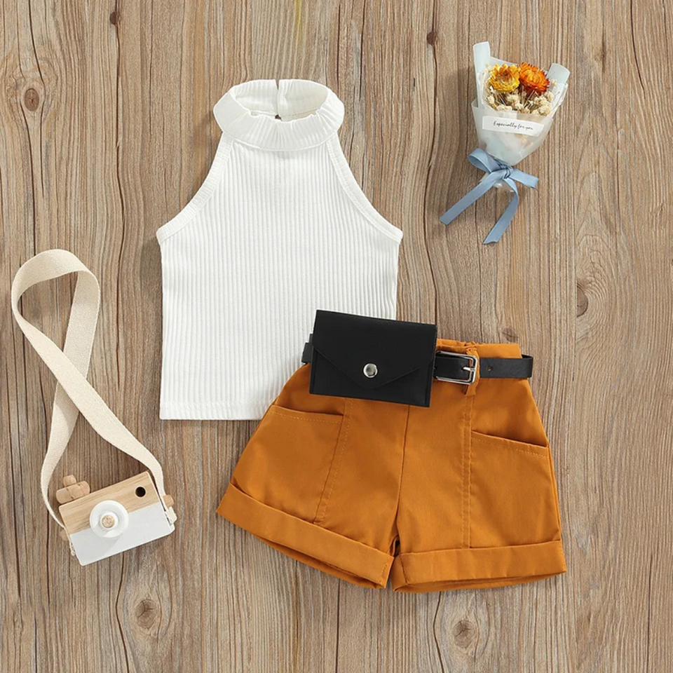 MiniFashionista – Elegant & Trends – Meisjes Set met Top, Short en Heuptasje