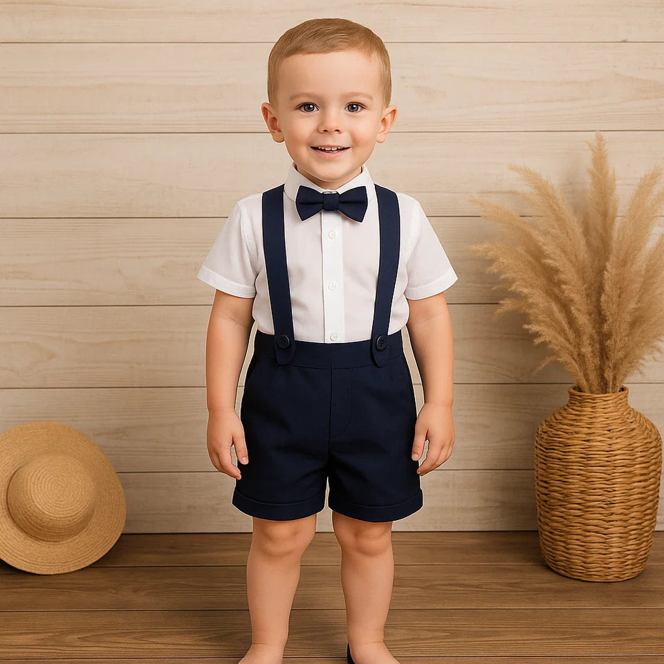 LittleDandy – Klassiek & Elegant – Katoenen Shorts met Bretels, Strikje & Overhemd