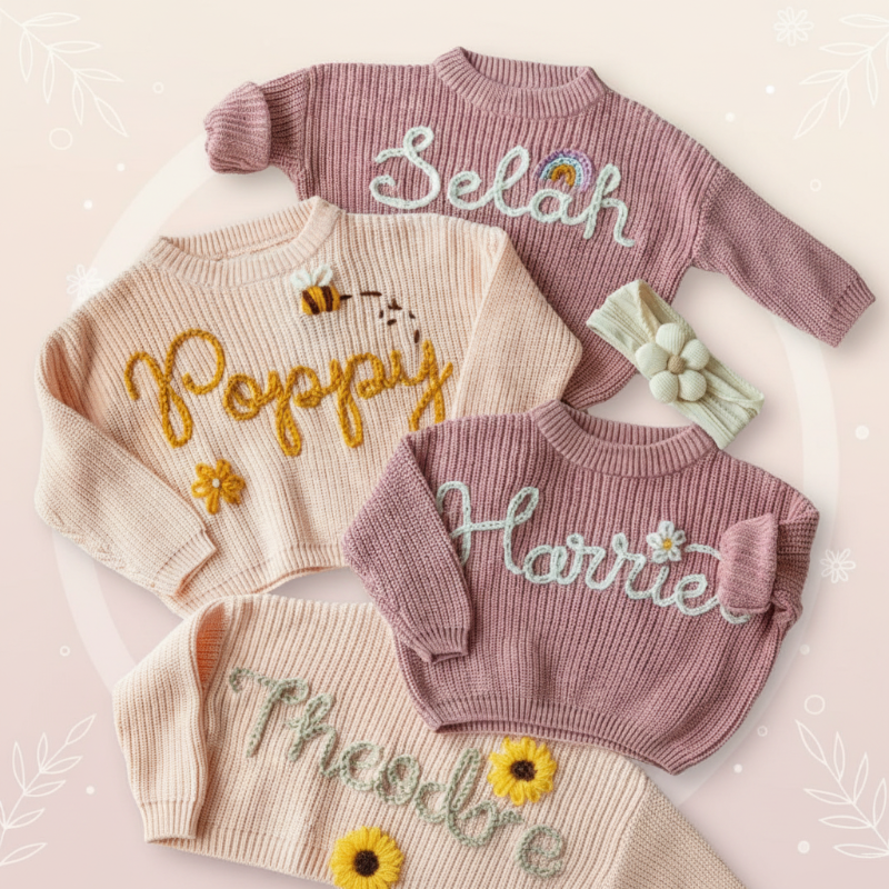 TinyStitch – Gepersonaliseerde Gebreide Naamtrui voor Kinderen