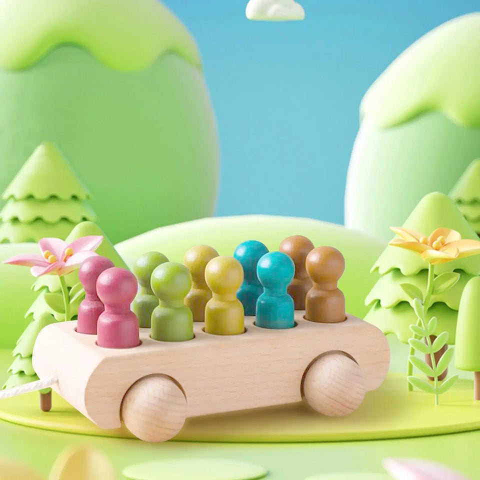 Pop & Roll – Motoriek & Fantasie – Houten Poppen Auto Set