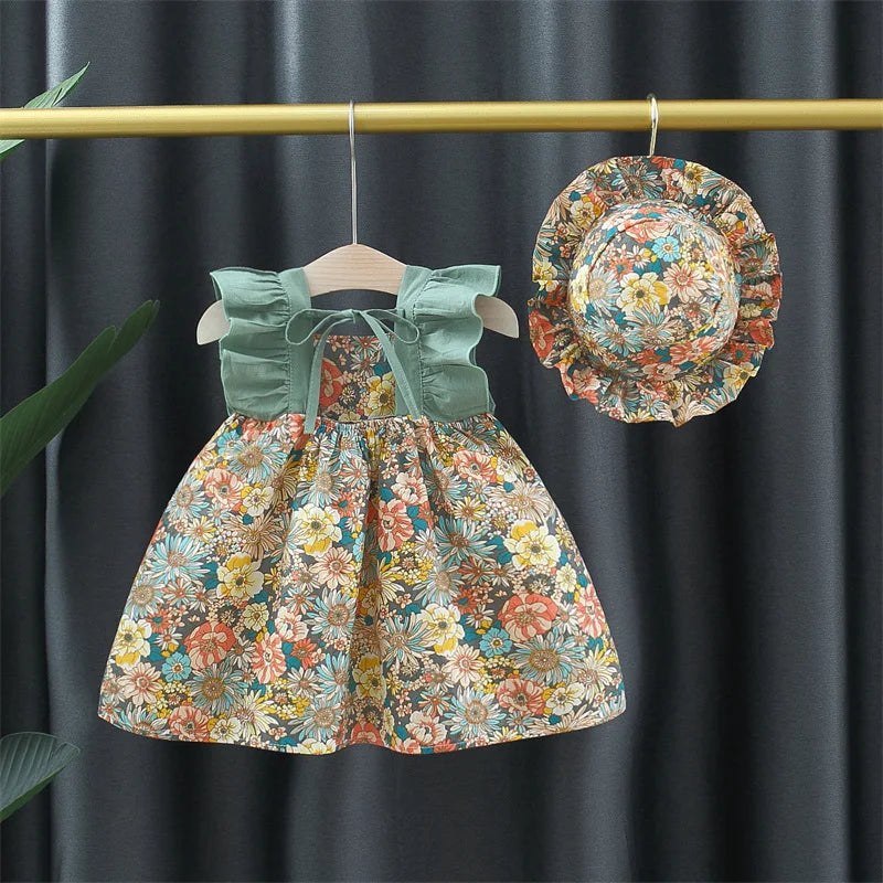 Mini Fashion™ - Schattig Bloemen Ontwerp - Meiden Jurk met hoed