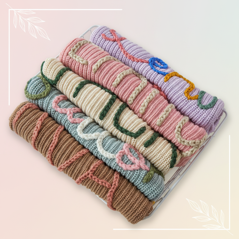 TinyStitch – Gepersonaliseerde Gebreide Naamtrui voor Kinderen